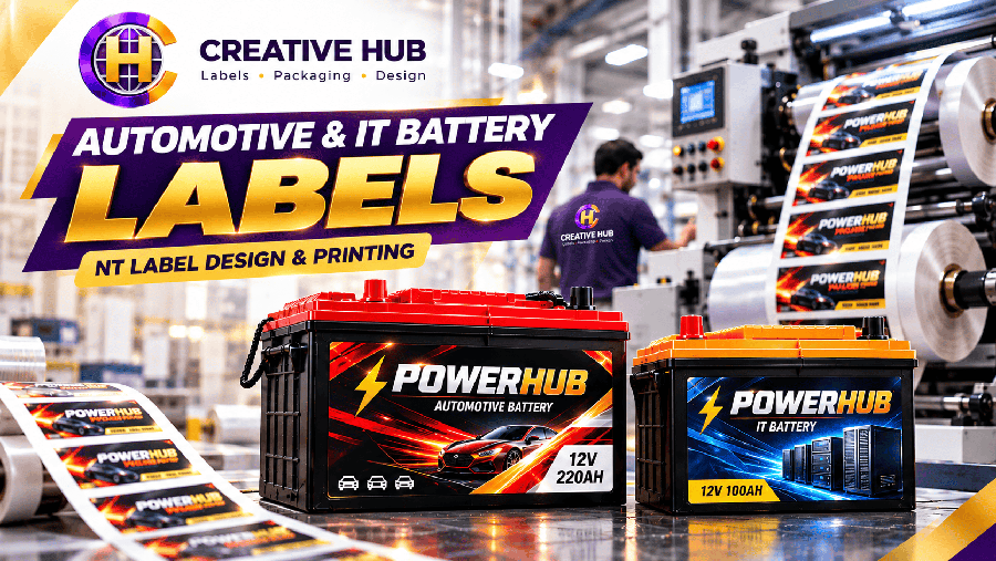 Automotive and IT battery labels in Pune: POWERHUB battery mockups, Creative Hub branding and label printing factory