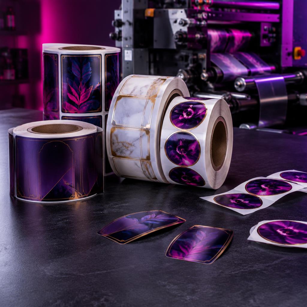 Printed product labels on rolls and sheets beside a printing press